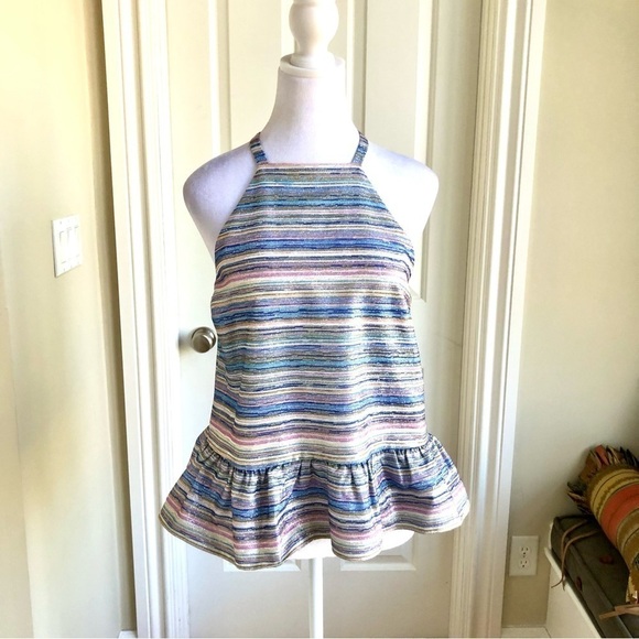 Amanda Uprichard Top Y2K Striped Tank Ruffle Peplum Hem in Blue Silver Multi (S) - Picture 1 of 8